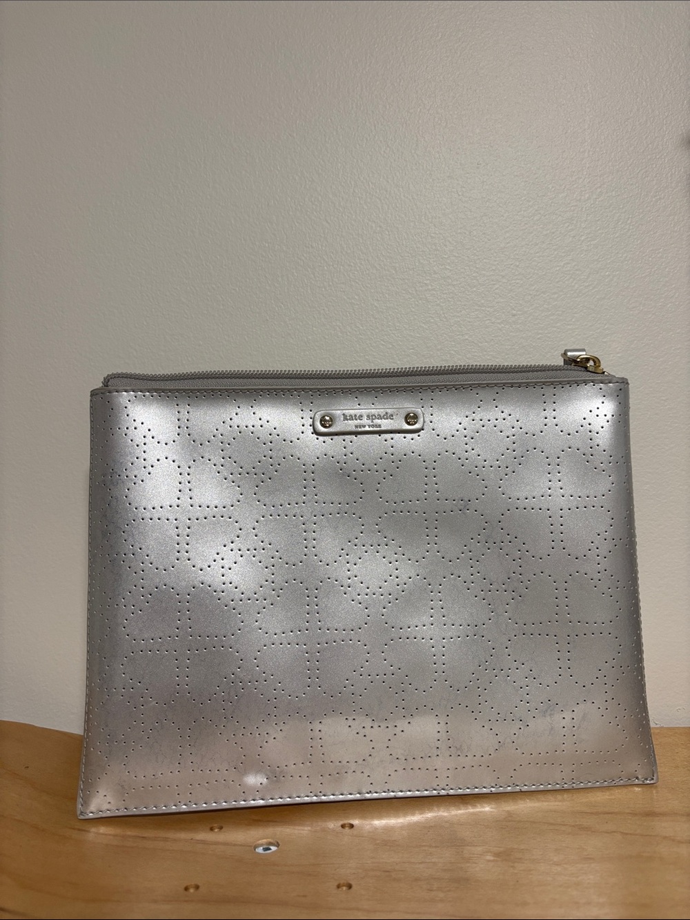 kate spade Small Metallic Silver Perforated Heart Cosmetic Pouch